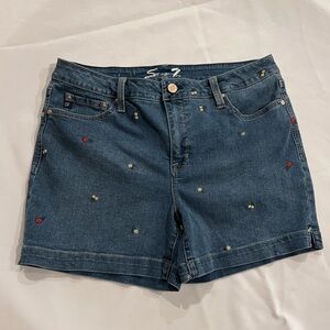 Seven7 Dark Blue Denim Shorts with Tiny Embroidered Flowers